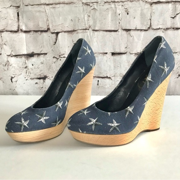 YSL YVES SAINT LAURENT Starfish Print Canvas Platform Wedge Size 9.5 US EU 39.5 - Picture 9 of 13